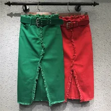 Высокая талия спереди сплит набор кисточек бедра шаг джинсовая юбка длиной до колен Джинсовая юбка J455