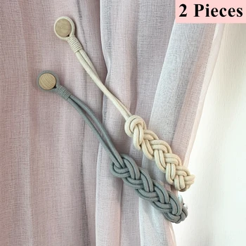 

Hand-Woven Magnetic Curtain Tieback, 2 Pieces Rural Farmhouse Drapery Rope Clip Strap Holdback Buckle Cotton Curtain Tie-back