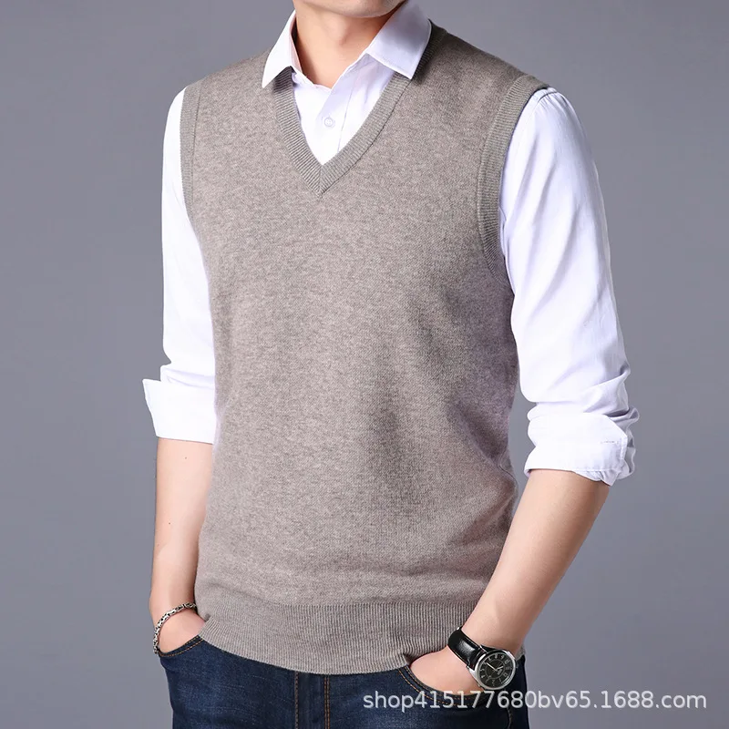 Мужская одежда, шерстяной Теплый жилет, осенний и зимний стиль, Молодежный Универсальный приталенный вязаный мужской повседневный жилет без рукавов с v-образным вырезом