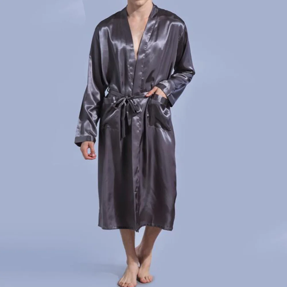Mens Robe Mens Silk Satin Pajamas Long Sleeve Solid Sleepwear Robes Kimono Pyjamas Male Bathrobe Nightgown Men Loungewear Dressing Gown - Цвет: Mens Robe