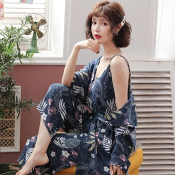 

Summer Autumn Ladies Pajama Set Cotton Satin 3Pcs Set Cardigan+Vest+Pants Floral Printed Elegant Femme Tender Sleepwear Homewear