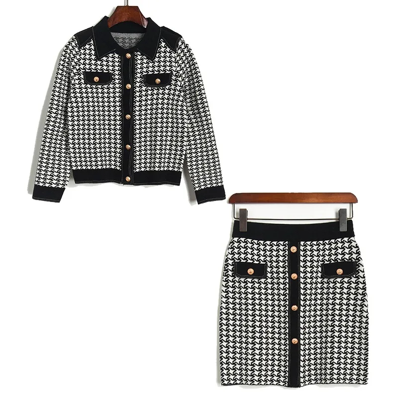 

2020 Spring women high quality plaid knitted coat+mini skirts two piece set B552