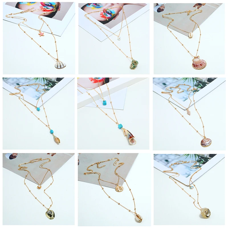 

VIVILADY Natural Multilayer Beach Shell Conch Scallop Dangle Women Pendant Necklace Charm Round Bead Chain For Party Jewelry