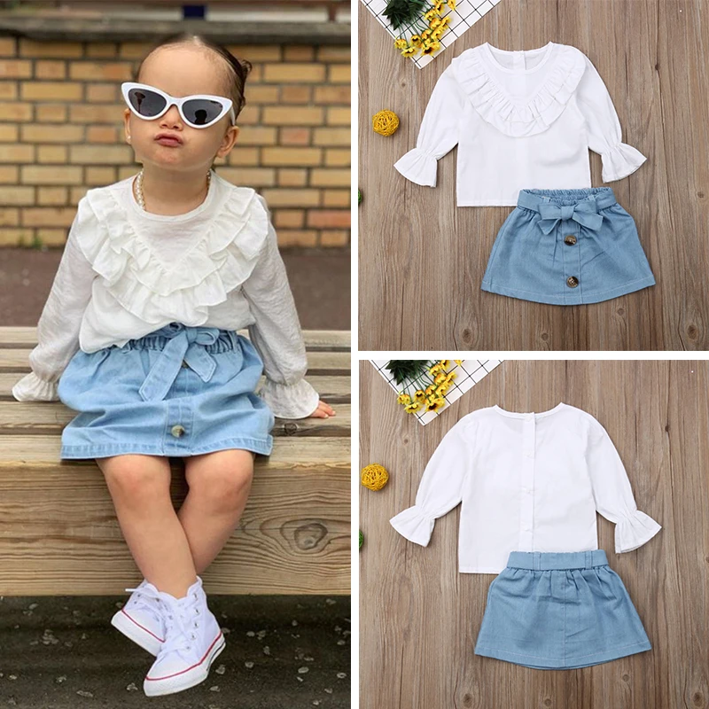 

Ruffle Kids Set For Girl Cotton Baby Girl Outfits Flare Sleeve Blouse+Skirt Summer Girls Clothes Set For 4 Years Children D30