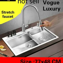 Большая кухонная ручная раковина одинарная мойка растягивающийся кран 304 из нержавеющей стали кнопка-кнопка сушилка Горячая 770x480 мм