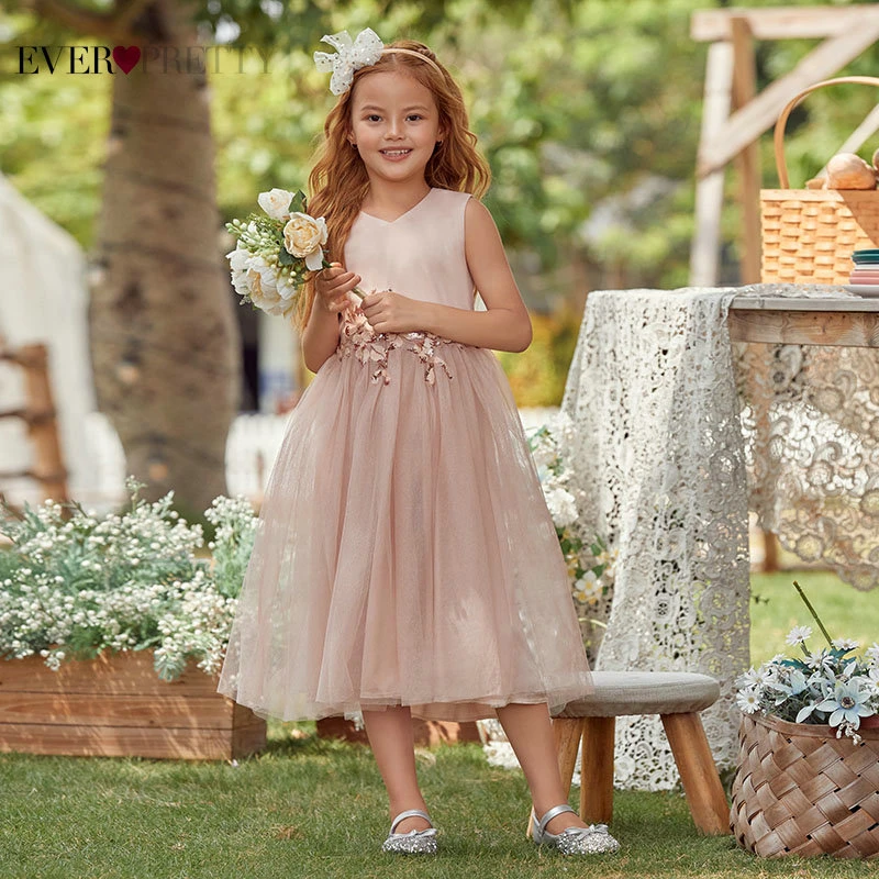 

Kids Dresses For Girls Cute Ball Gown V Neck Sleeveless Appliqued Sequined Flower Girl Dresses Tea Length Ever Pretty EK00789BH