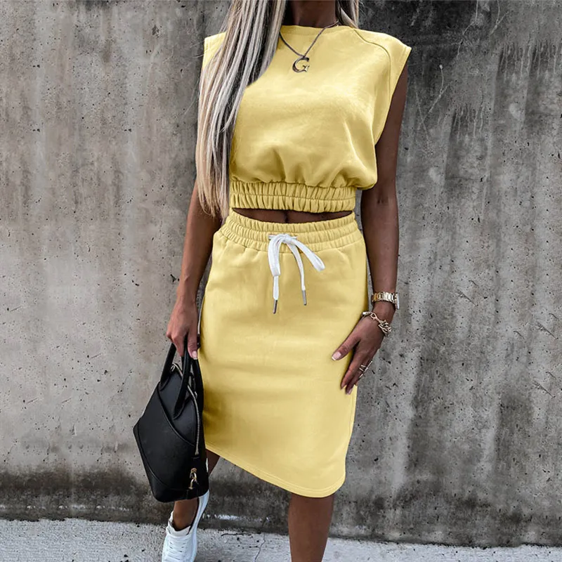 Ladies Skirts Suit Sleeveless Sweatshirt Solid Women Skirt Suits Slim Crop Tops+Split Drawstring Bottom Summer Fashion Casual 1