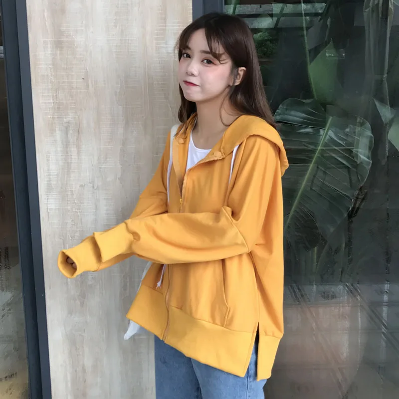 

Women Spring Autumn Fashion Brand Korea Style Solid Color Thin Hooded Jacket Female Casual Student Orange Blue Jacket Coat Cloth