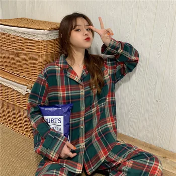 

Autumn and winter new women's Korean version of wool cotton hemp girl casual big Plaid pajamas home wear set