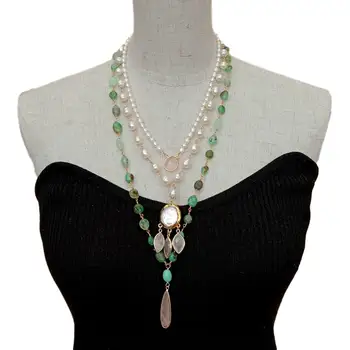 

Cultured White Rice Pearl Green Chrysoprase Necklace Rose Quartz Coin Pearl Charm 18"