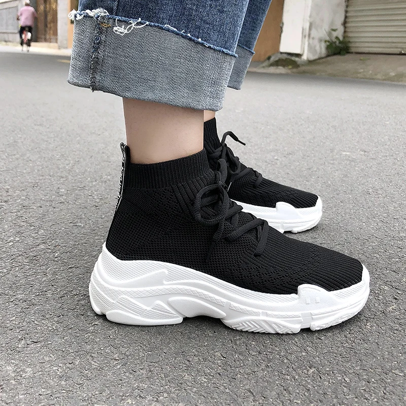 Bjakin Breathable Women Stretch Fabric Socks Outdoor Women Sports Shoes Platform Elastic Sneakers High Top Female Walking Boots