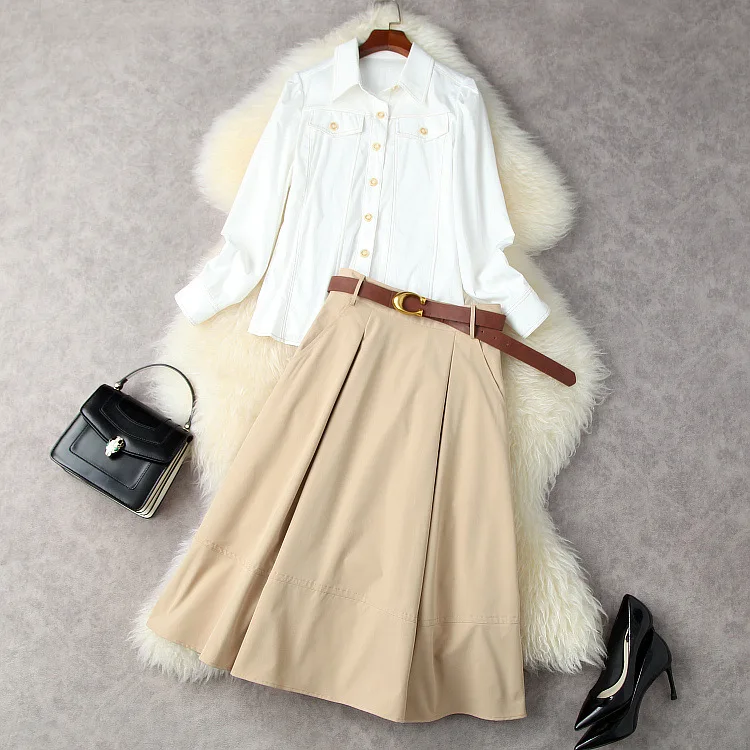 

European and American women's wear new autumn 2022 Long sleeve denim shirt Pleated skirt with belt Fashion suits