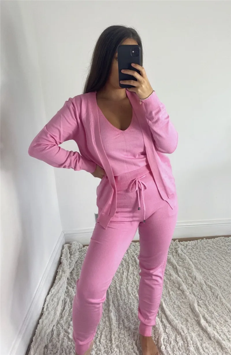knitted 3 piece women loungewear sets cardigan ladies jumper outfits autumn knit tracksuit woman new casual 3 pcs matching sets