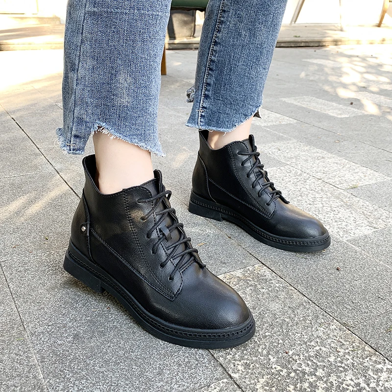 COOTELILIl/модные классические ботинки; сезон осень-зима; Модные женские ботинки из искусственной кожи; черные ботинки; теплые ботинки на шнуровке; обувь на плоской подошве