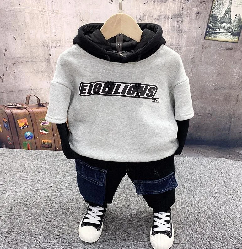 

Cotton winter Baby Boy Clothing Sets baby Clothes Set For Babies Boy Clothes Suit(Plush Hoodie + Plush Jeans) Infant Set 2-6Year