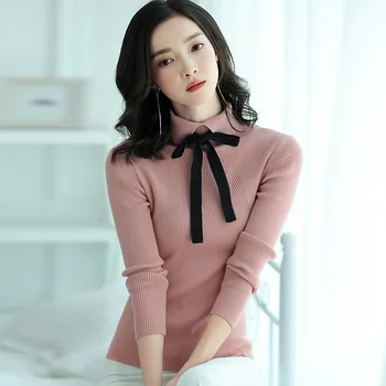 

Women's solid color lapel long-sleeved sweater neckline bow tie red