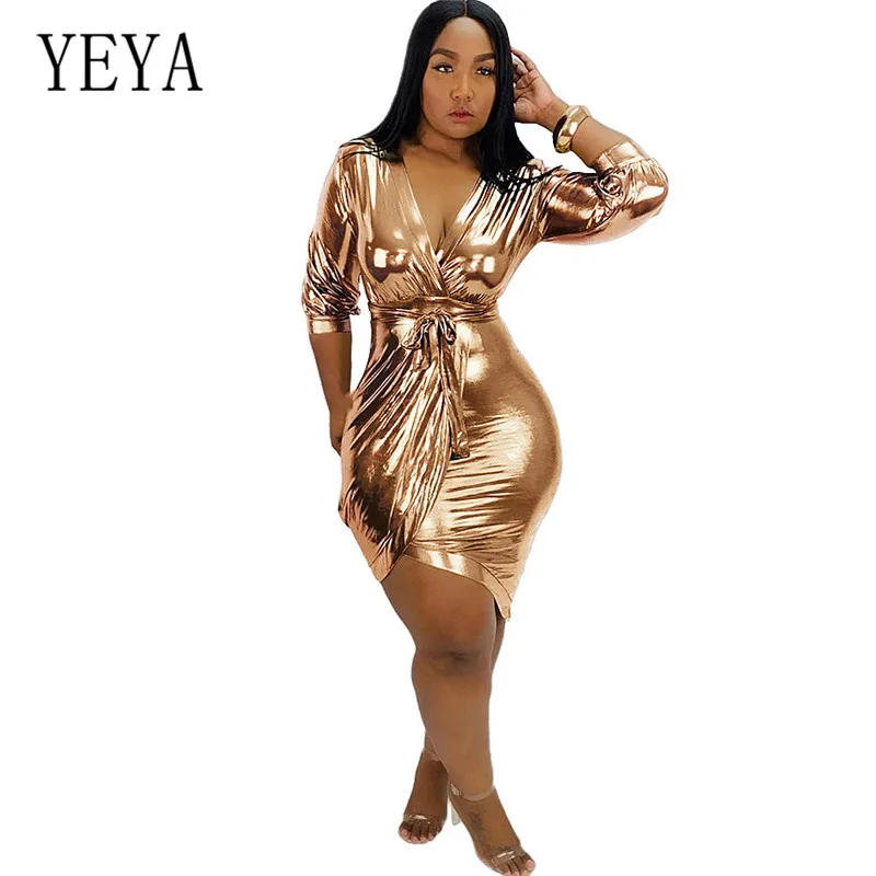

YEYA Hot Gilding High Elastic Deep V-neck Strap Dress Sexy Reflevtive Bodycon Bandage Mini Dress Autumn Christmas Party Vestidos