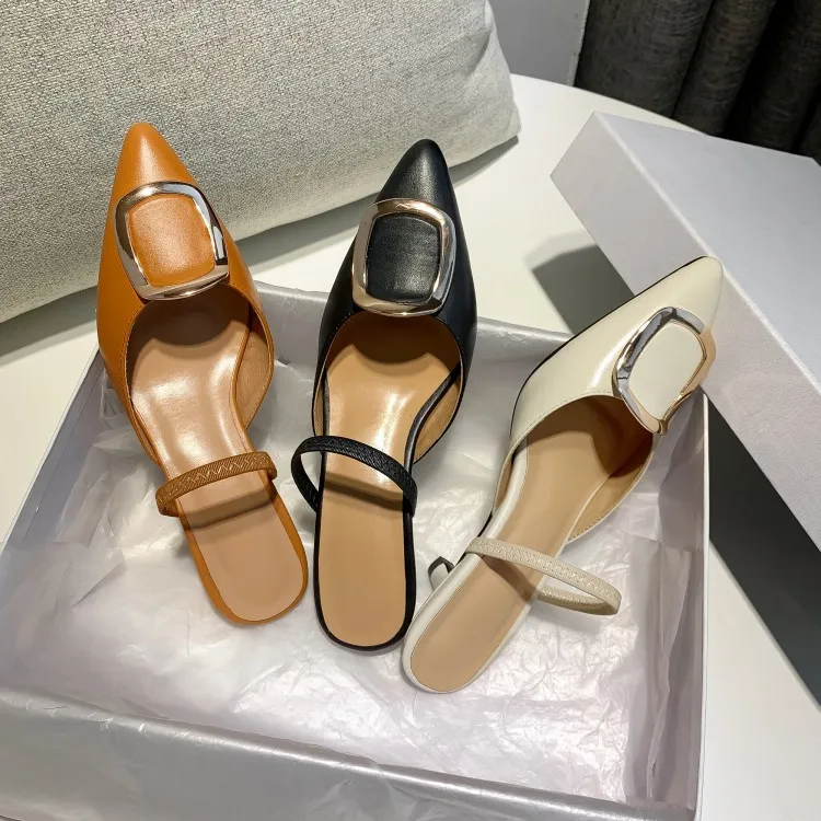 

Kitten Heel Versatile Sandals Women's 2020 Spring Shoes New Style Genuine Leather Pointed-Toe Thin Heeled Square Buckle WOMEN'S