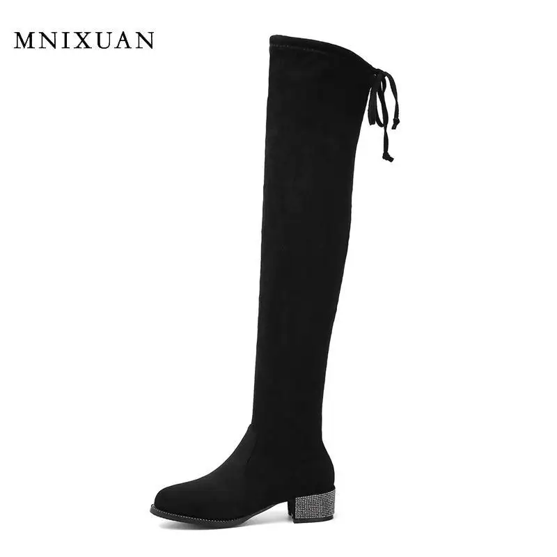 MNIXUAN/сапоги женская обувь г. Сапоги до бедра на высоком каблуке модная обувь на блочном каблуке высокие сапоги до колена черные носки высокие сапоги размер 42 - Цвет: Black