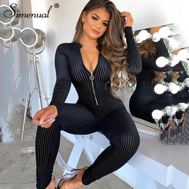 US $16.49 Simenual Ribbed Zipper Skinny V Neck Rompers Womens Jumpsuit Fashion Bodycon Sexy Hot Long Sleeve S