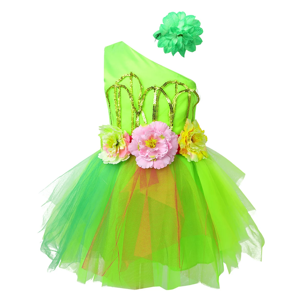 Детское платье без рукавов на одно плечо с блестящими блестками и объемным