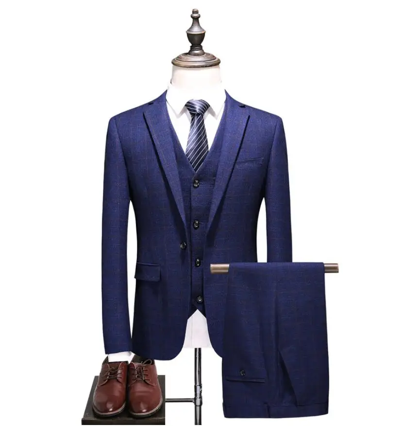 

(Jacket+Vest+Pants) 2019 Winter Big Promote Wedding Suits Casual Plaid Male High Quality Suit Men's Business Party Suits Men