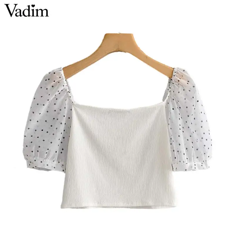 Vadim женская блузка в горошек, короткий стиль, круглый вырез, эластичные короткие рубашки с рукавами-фонариками, женский милый укороченный топ, blusas DA594