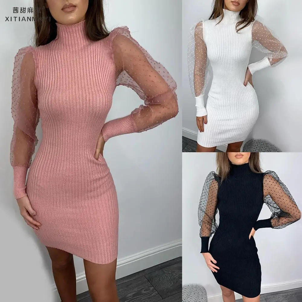 

Winter Knitted Sweater Dress Tunic Puff-sleeve Mesh Stitching Knitted Stand collar Mini Tight Dress Autumn Party Dresses D30