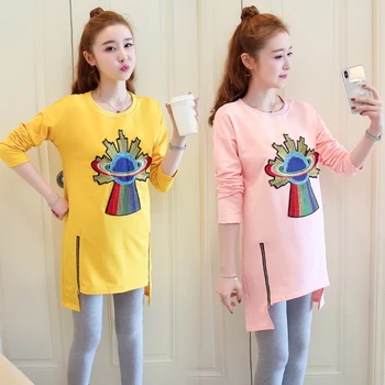 

New Korean Fashion Loose Maternity Sweatshirt Spring and Autumn Zipper Cartoon Maternity Dress