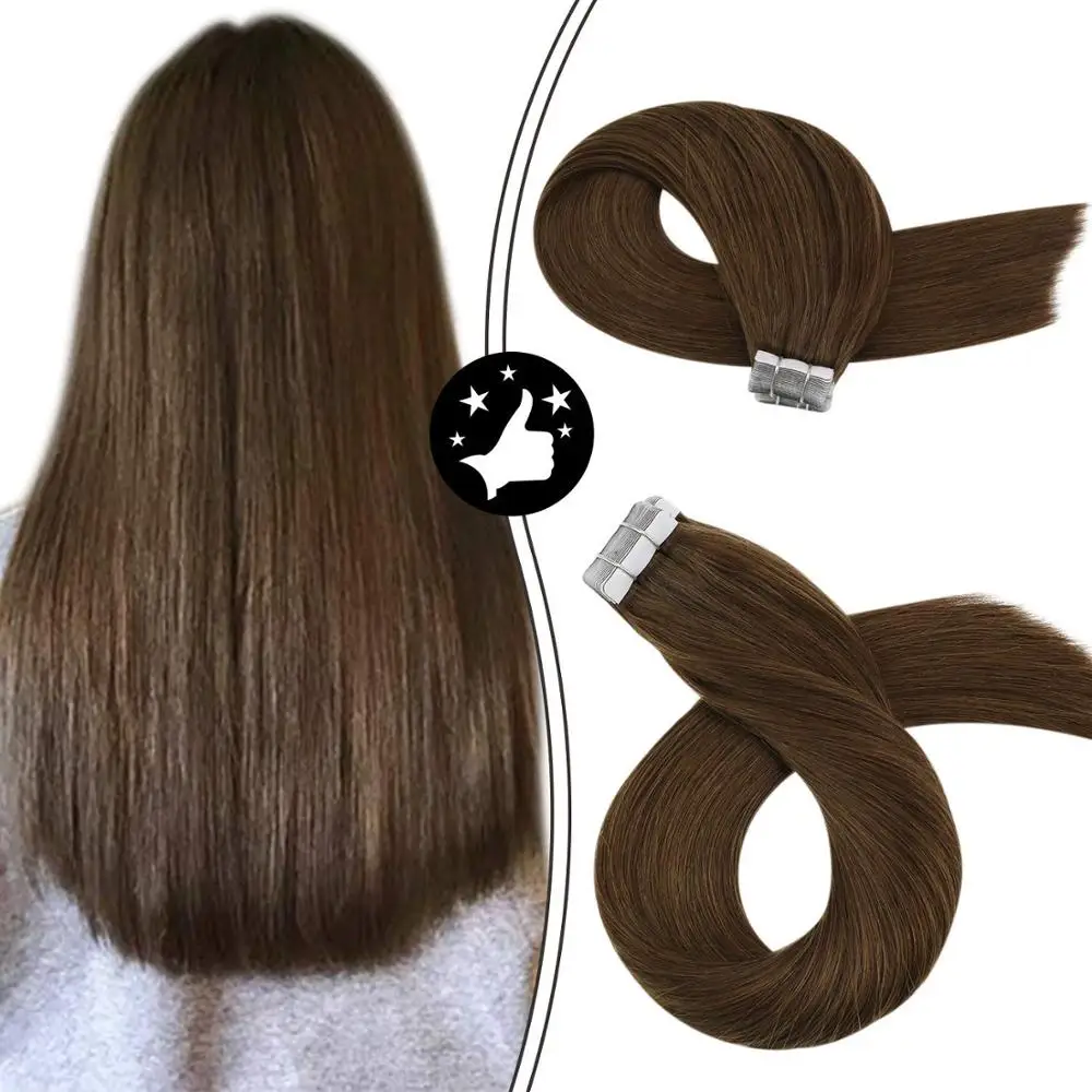 

Moresoo Hair Extensions Tape in Human Hair Brown #8 Chestnut Brown Natural Hair Machine Remy 14- 24 Inch Adhesive Tape ins