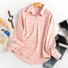 Office Blouse Women 2020 Vintage Plaid Shirt Korean Style Long Sleeve Turn Down Collar Cotton Fashion Casual Top Oversized Loose