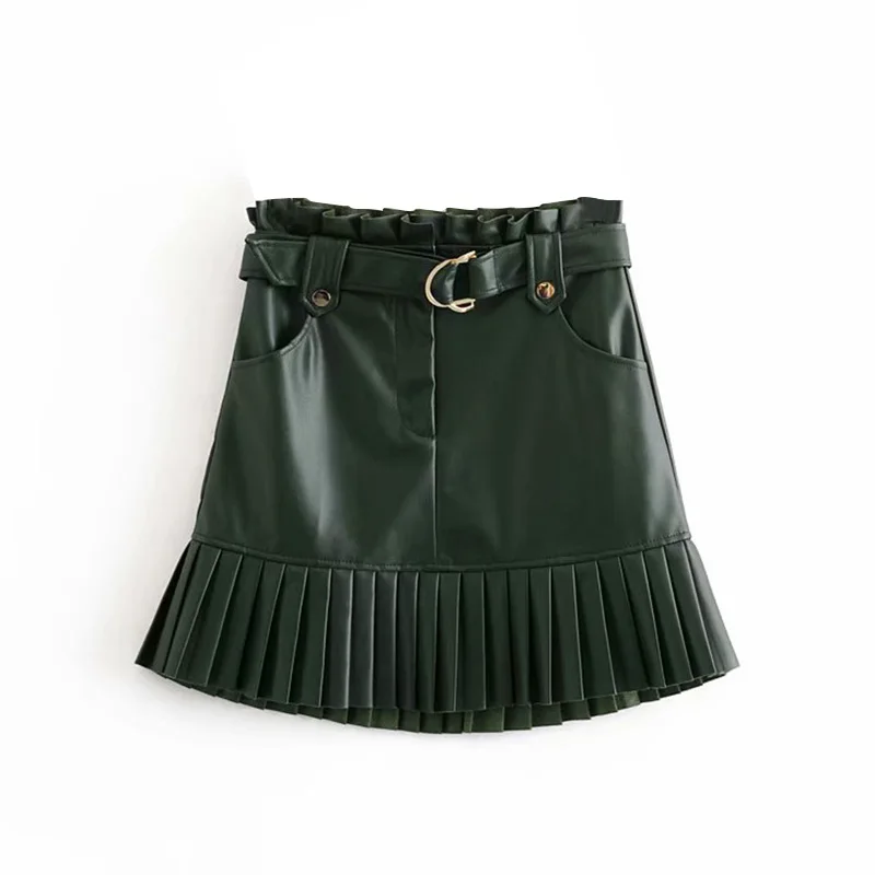Dark Green Женская черная юбка из искусственной кожи с поясом, модная уличная одежда, плиссированные мини-юбки с оборками, а-силуэт, вечерние, Клубные, сексуальные короткие юбки - Цвет: Dark Green