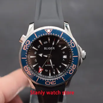 

Bliger 41mm black dial luminous marks blue ceramic bezel GMT function rubber strap automatic movement men's watch