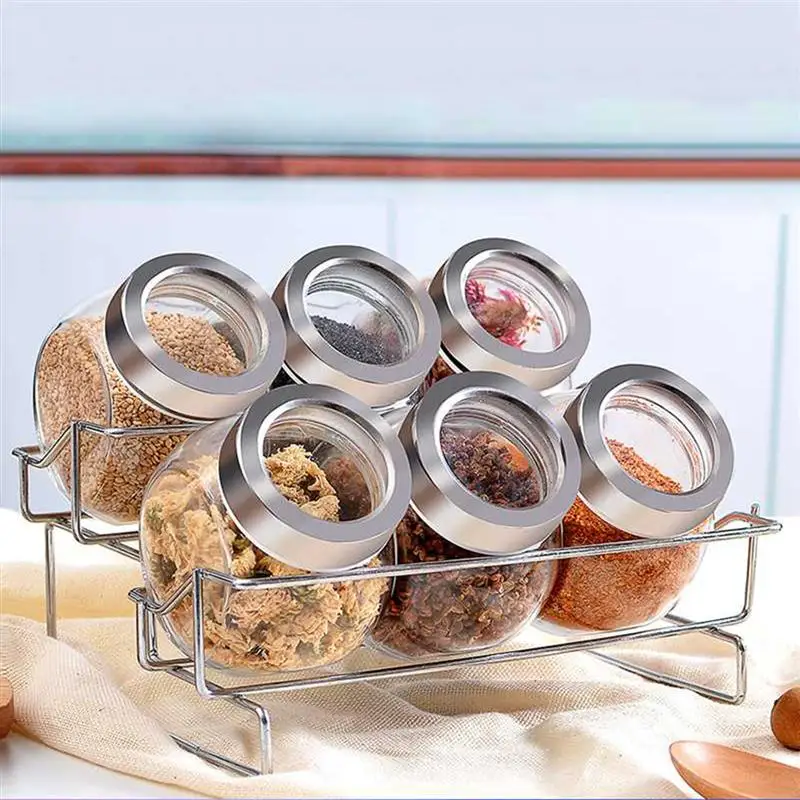 

Transparent Glass Cruet Set Sealed Can Rack Double Layer Spice Rack with Six Round Bottles Kitchen Supplies