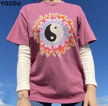 

Harajuku vintage uf style ins hot flame pattern Tai Chi Gossip printting short sleeve tee casual unisex tee women tshirt YL-76