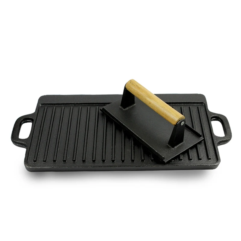 

Cast iron pot thickened non-stick steak barbecue flat bottom frying pan non-coated double side BBQ pressure plate meat