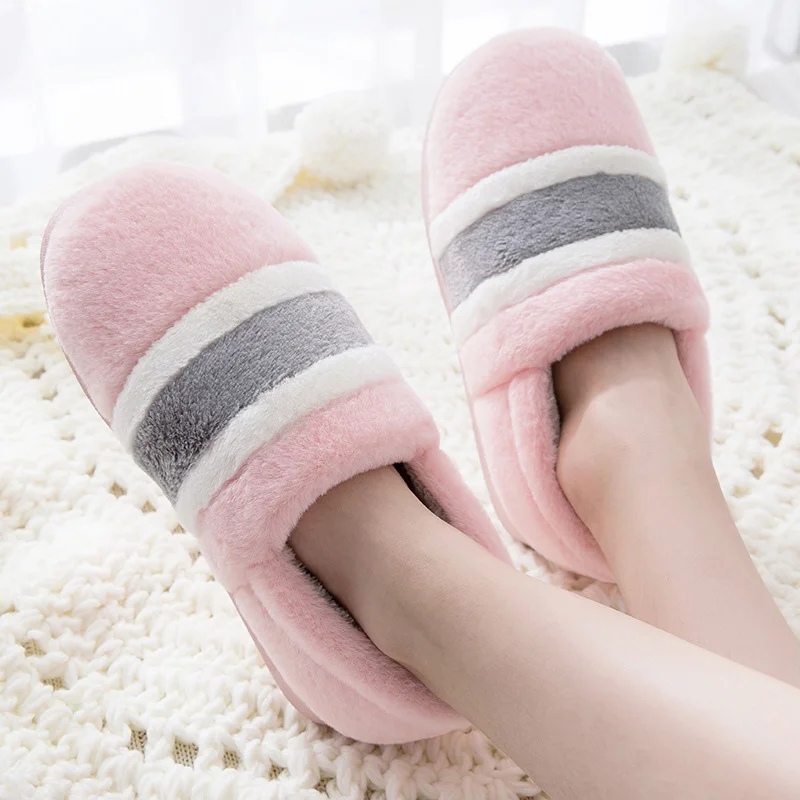 

New Winter Women Plush Slippers Furry Soft Warm Ladies Slip On Comfort Striped House Shoes Cover Heel Female Cute Bedroom