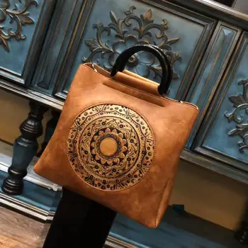 

Johnature 2020 New Handmade Totem Women Bag Vintage Embossed Leather Handbag Large Capacity Hand Painted Shoulder Bags