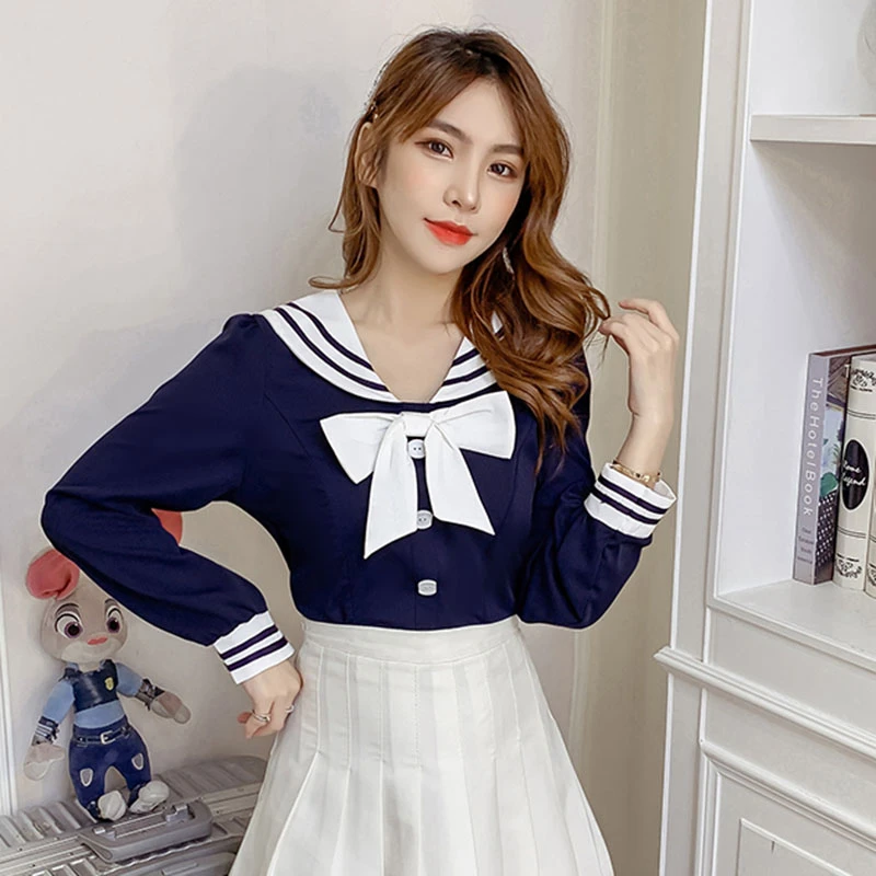 Marinero Collar Patchwork manga larga camisas blusa para mujer otoño solapa botón camisa Casual de talla grande Lolita Blusas|Camisa| - AliExpress