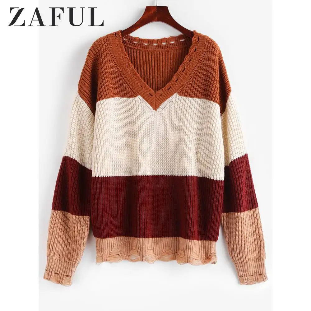 ZAFUL с v-образным вырезом цвет блок искусственно Состаренный свитер для женщин Падение плеча полный рукав рваные Осенние Пуловеры большого размера свитер Топы