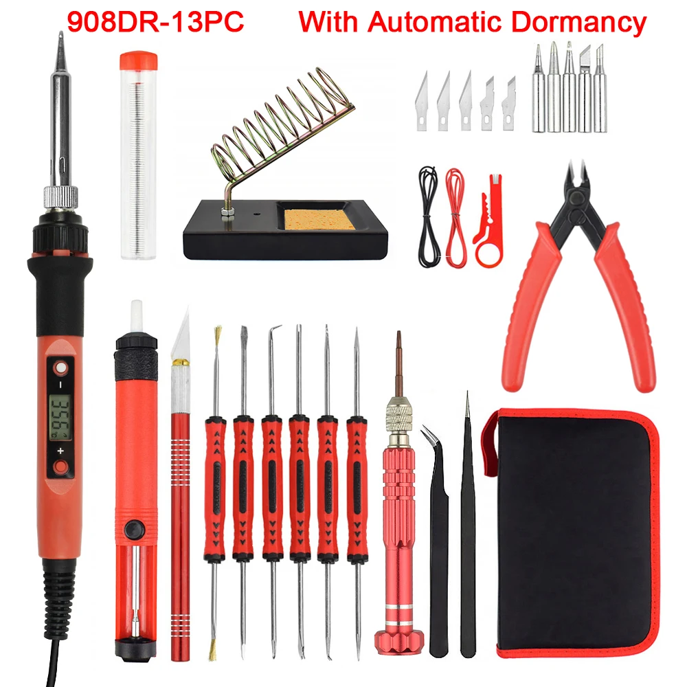 LCD Soldering iron Электрический паяльник NEWACALOX EU/US 60 Вт, Набор отверток, наконечник для распайки насоса, плоскогубцы+ сумка для инструментов, набор инструментов для сварки и ремонта - Цвет: LCD Soldering iron