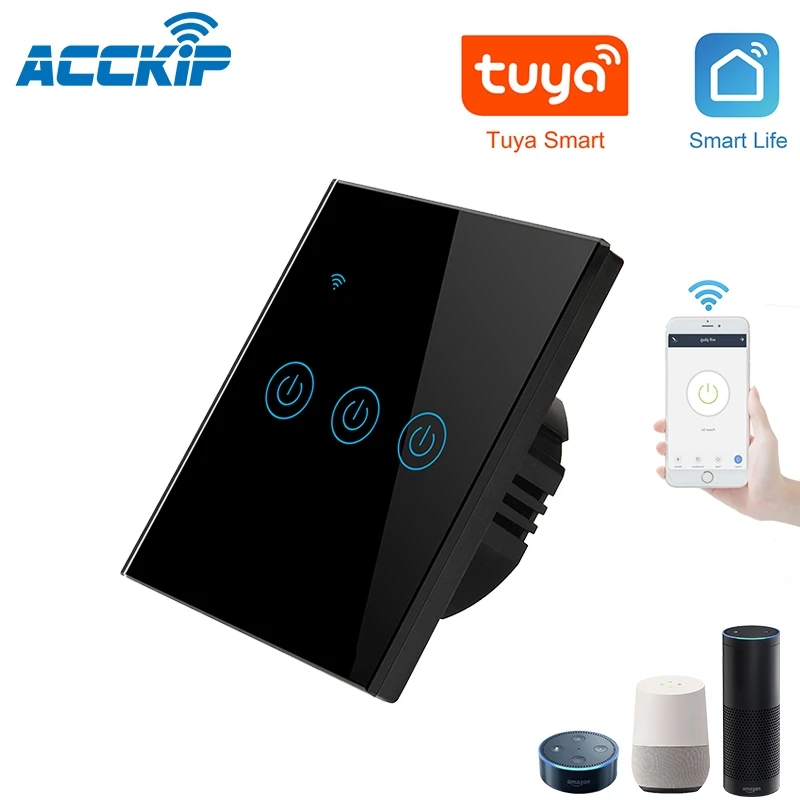 Black 3 Gang ACCKIP Wi-Fi настенный сенсорный Переключатель ЕС 1/2/3 приложение Tuya и приложение Smart Life дистанционного Управление работает с Alexa Google Home - Цвет: Black 3 Gang