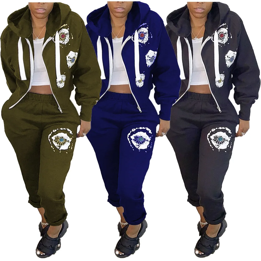 CY8066 autumn and winter leisure suit, sports suit, printed zipper hooded loose two-piece suit