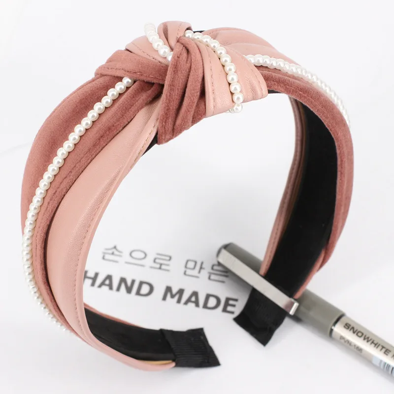 B544 pink Винтаж из искусственной кожи женские обручи бархат обруч жемчужный повязка на голову обруч для волос аксессуары Головные уборы для девушек opaska сделать wlosow - Цвет: B544 pink