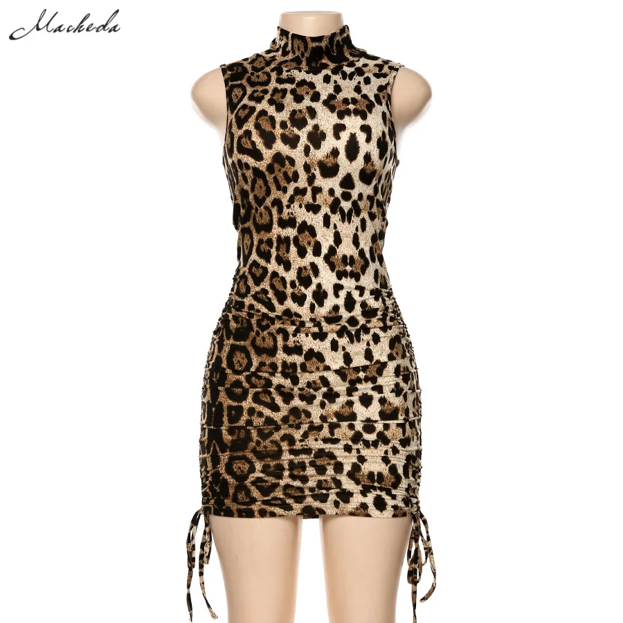 Macheda модное леопардовое облегающее платье без рукавов с воротником под горло, модель, сексуальное облегающее мини-платье на завязках для бара и клуба