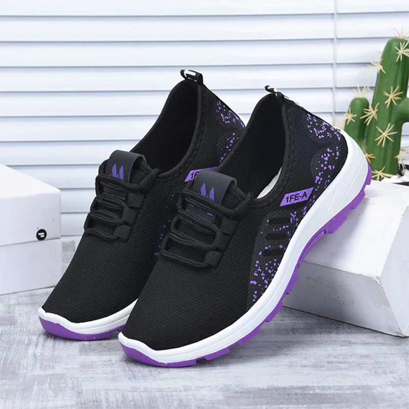 Black purple Для женщин; сезон весна; кроссовки с сетчатой вставкой женские слипоны светильник CREEPERS обувь на плоской подошве, Женская Повседневная Удобная хлопковая куртка женская обувь для пробежки - Цвет: Black purple