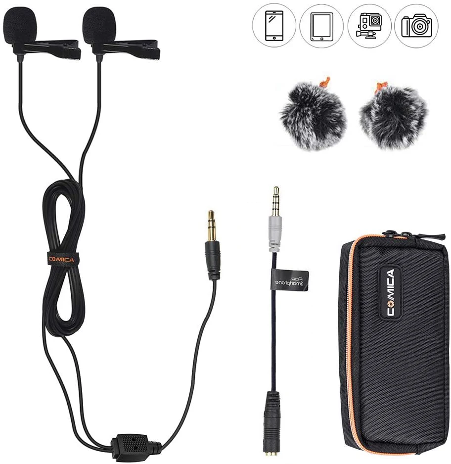 Comica CVM-D02 Dual Lavalier Lapel Microphone Clip-on interview mic for iPhone Android Smartphone for Sony Canon Nikon Cameras