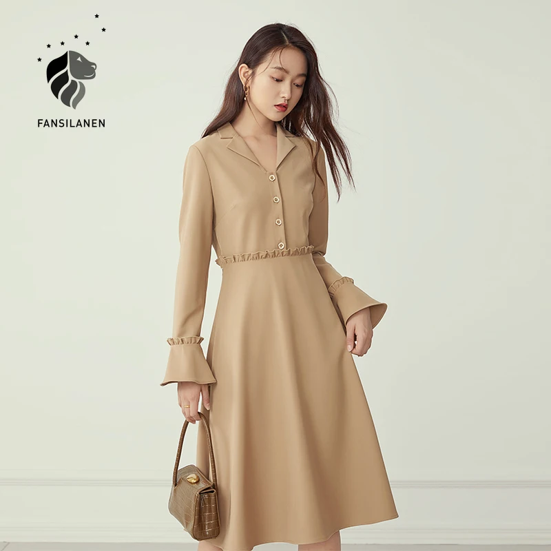 

FANSILANEN Flare sleeve elegant office shirt dress Women slim ruffle long black dress Spring autumn v neck sexy vitnage dress