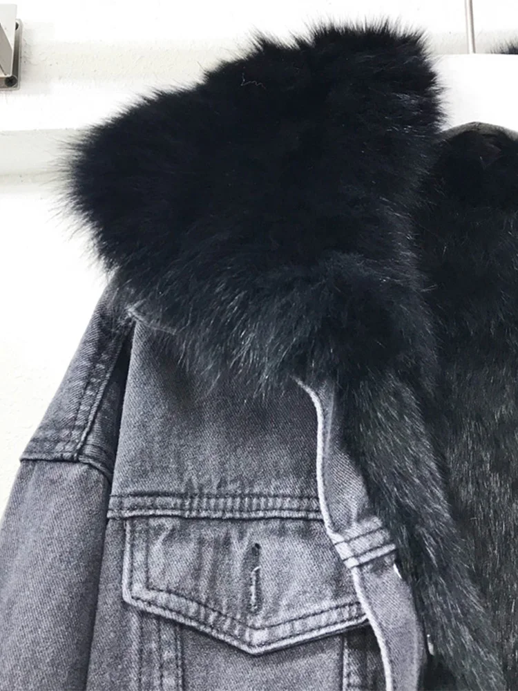 Новая женская модная ковбойская Толстая теплая короткая куртка со съемным воротником из натурального Лисьего меха со съемным вкладышем из натурального кроличьего меха