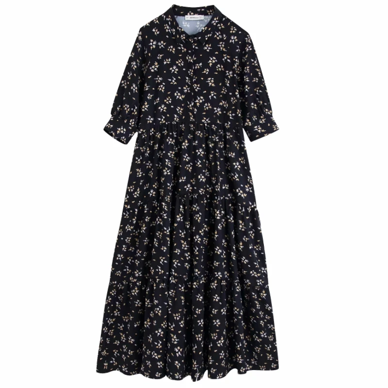 

Flower Printing Turn-down Collar Women Shirtwaist Dress 2019 Autumn Leisure Lady Three Quarter Sleeve Loose Dresses D3635